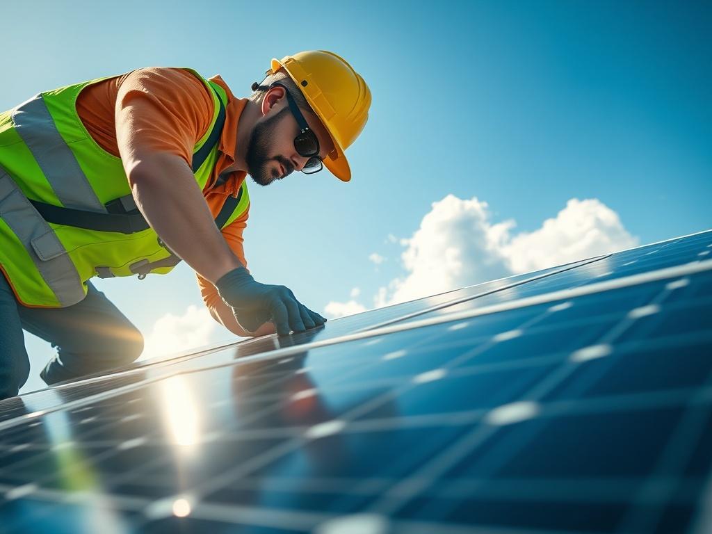 A close-up shot of a technician expertly installing solar panels on a rooftop, showcasing the solar panels and their shiny surface reflecting sunlight. The background features a clear blue sky with a few clouds, emphasizing the clean energy theme. The technician is focused and wearing safety gear, demonstrating professionalism and care in the installation process. The image has a hyper-realistic quality with vibrant colors, particularly highlighting the green of the solar panels and the blue of the sky.