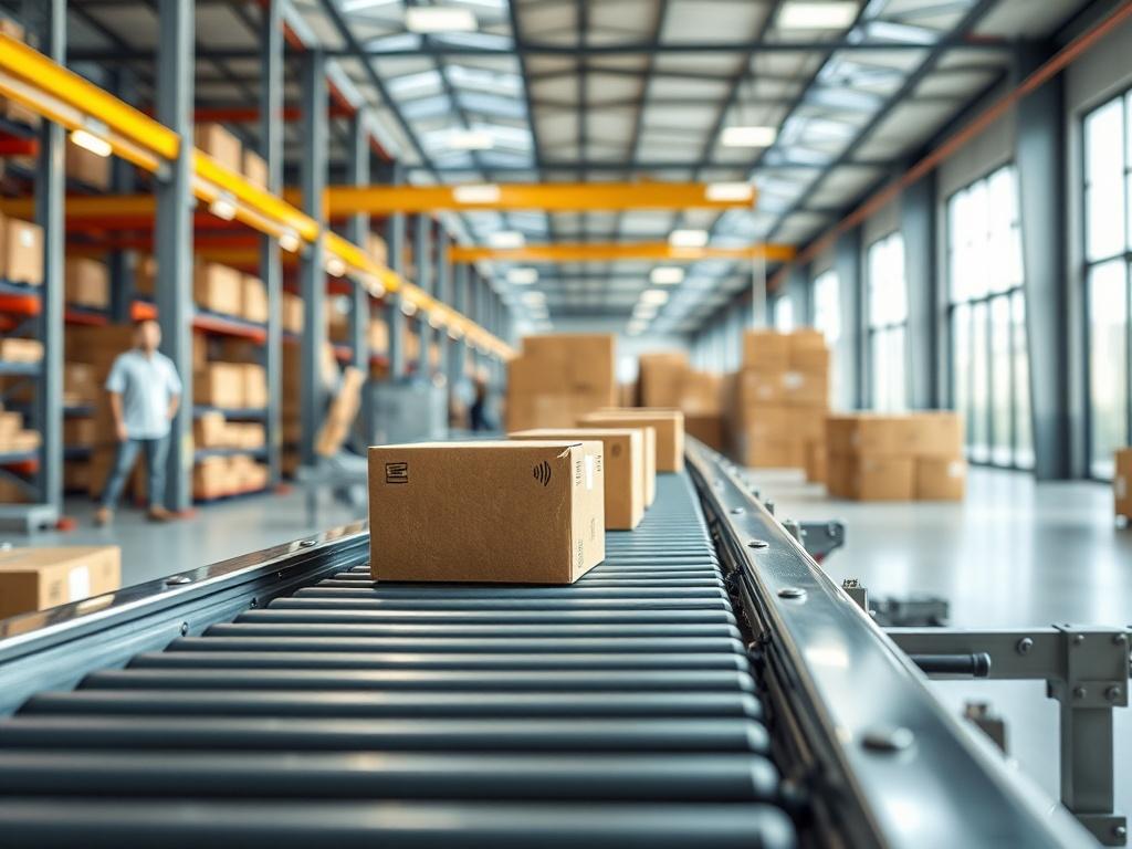 A high-resolution close-up shot of a conveyor system installation in a modern warehouse setting. The image should showcase a sleek, automated conveyor belt with boxes smoothly moving along it. The background should be slightly blurred to emphasize the conveyor system, with bright, natural lighting that highlights the metallic surfaces and intricate components of the conveyor machinery.