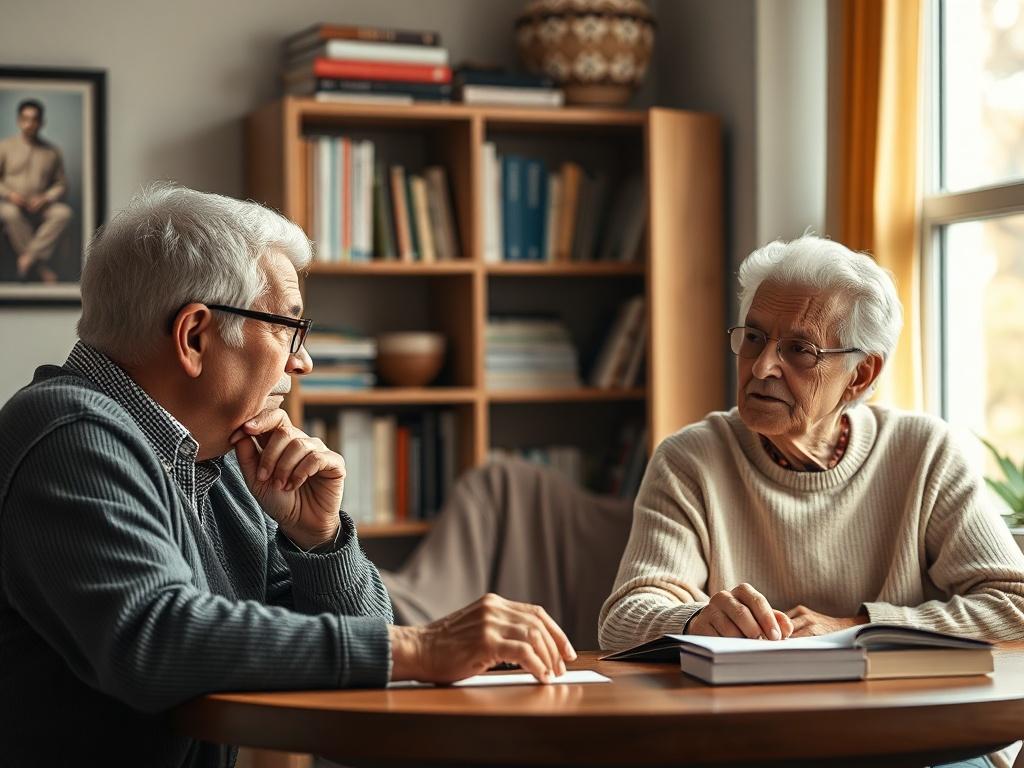 Create a realistic high-resolution image that represents the theme of understanding Medicare coverage. The composition should be simple and clear, featuring a single subject: a diverse group of three seniors engaged in a discussion around a table. Each person should represent different ethnic backgrounds to highlight inclusivity. The focus should be on their thoughtful expressions, symbolizing understanding and collaboration.

In the background, depict a softly lit, cozy setting with warm, inviting colors. 