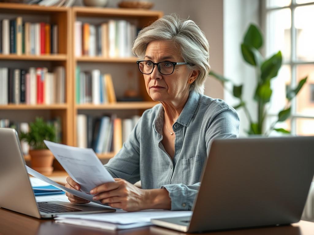 **AI Image Generation Prompt:**

Create a realistic high-resolution photograph focusing on a middle-aged woman sitting at a desk, engaged in thoughtful contemplation as she reviews documents related to Medicare. The subject should exhibit a look of concern mixed with curiosity, clearly pondering the complexities of Medicare. Her attire is casual, reflecting a comfortable home setting, and she has neatly organized papers and a laptop in front of her.

The background should be softly blurred to emphasize the 