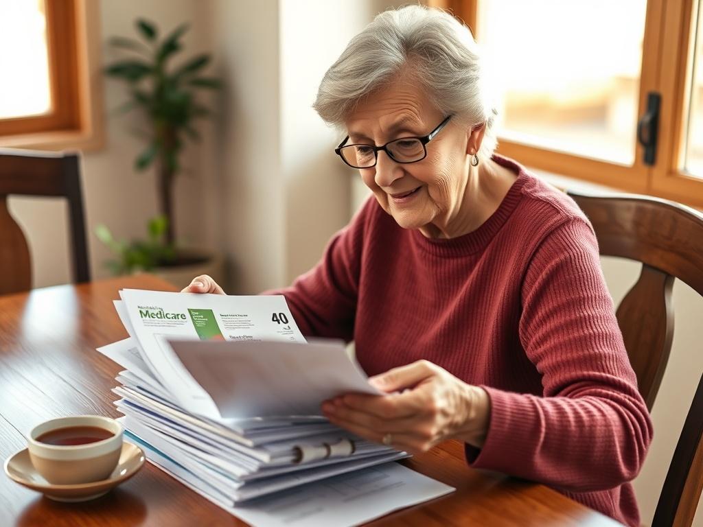 Create a highly detailed, realistic high-resolution photo that visually represents the concept of "Choosing the Right Medicare Plan." The composition should be simple and clear, featuring a single subject: an elderly person (a senior woman) sitting at a wooden dining table, thoughtfully reviewing a stack of Medicare brochures and documents. She should appear engaged and contemplative, with furrowed brows and a slight smile, indicating that she's making decisions that affect her well-being.

The background s