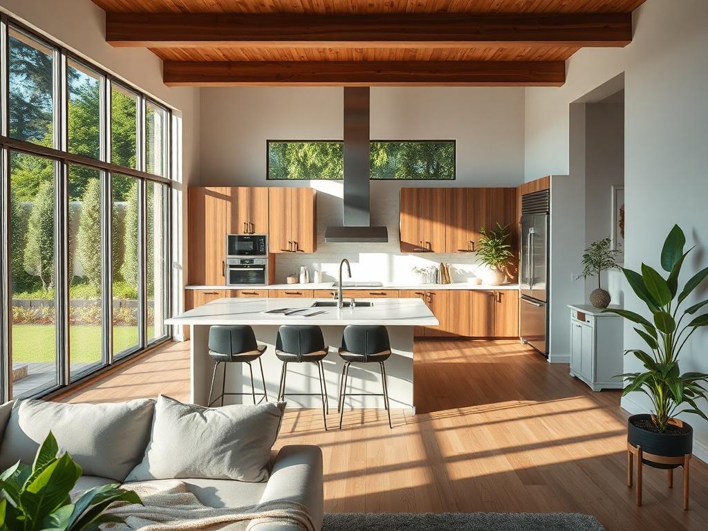 Create a highly detailed, realistic high-resolution photo that showcases a beautifully remodeled interior living space, capturing the essence of contemporary residential remodeling trends. The composition should focus on a single, striking element: a modern open-concept kitchen featuring sleek cabinetry, a stylish island with elegant bar stools, and top-of-the-line appliances. 

The kitchen should be well-lit, with sunlight streaming in from large windows that overlook a lush, manicured garden, creating an 