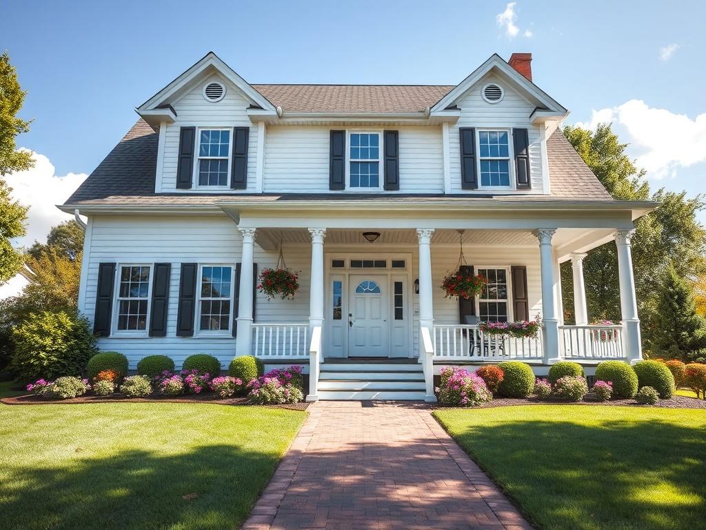 Create a realistic high-resolution photo of an updated classic home, specifically a Colonial-style house, featuring stunning curb appeal. The house should be predominantly white, with fresh and inviting accents that enhance its architectural beauty. 

In the composition, focus on a clear frontal view of the home, showcasing its elegant two-story structure with traditional peaked roofs, symmetrical windows adorned with shutters, and a welcoming front porch with classic columns. Surround the house with lush g