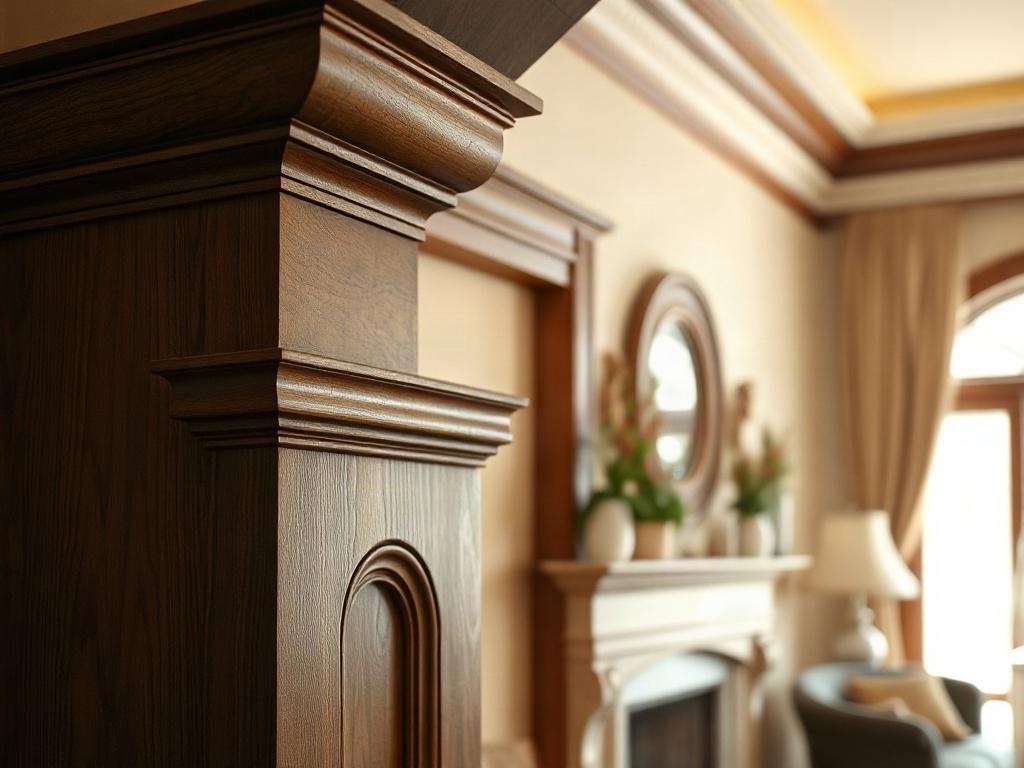 A close-up of beautifully crafted wooden moldings and trim in a well-lit living room. The image should highlight the texture and quality of the wood, captured in hyper-realistic style with a 45mm f/1.2 lens. Soft light accentuates the craftsmanship, with a blurred background showing a cozy space that showcases the elegant finish carpentry. The focus should be on the details of the woodwork, emphasizing its sophistication and artistry.