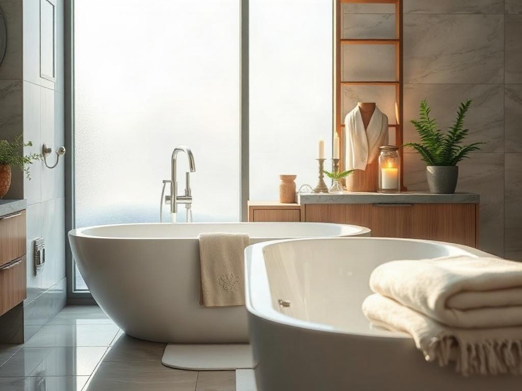 A luxurious bathroom featuring a modern freestanding bathtub, elegant tile work, and stylish fixtures. The image should capture the intricate details of the tiles and the softness of the towels, shot in hyper-realistic style with a 45mm f/1.2 lens. Natural light streams through a frosted window, creating a serene atmosphere. The background should include elements like plants or candles to enhance the relaxing vibe of the space.