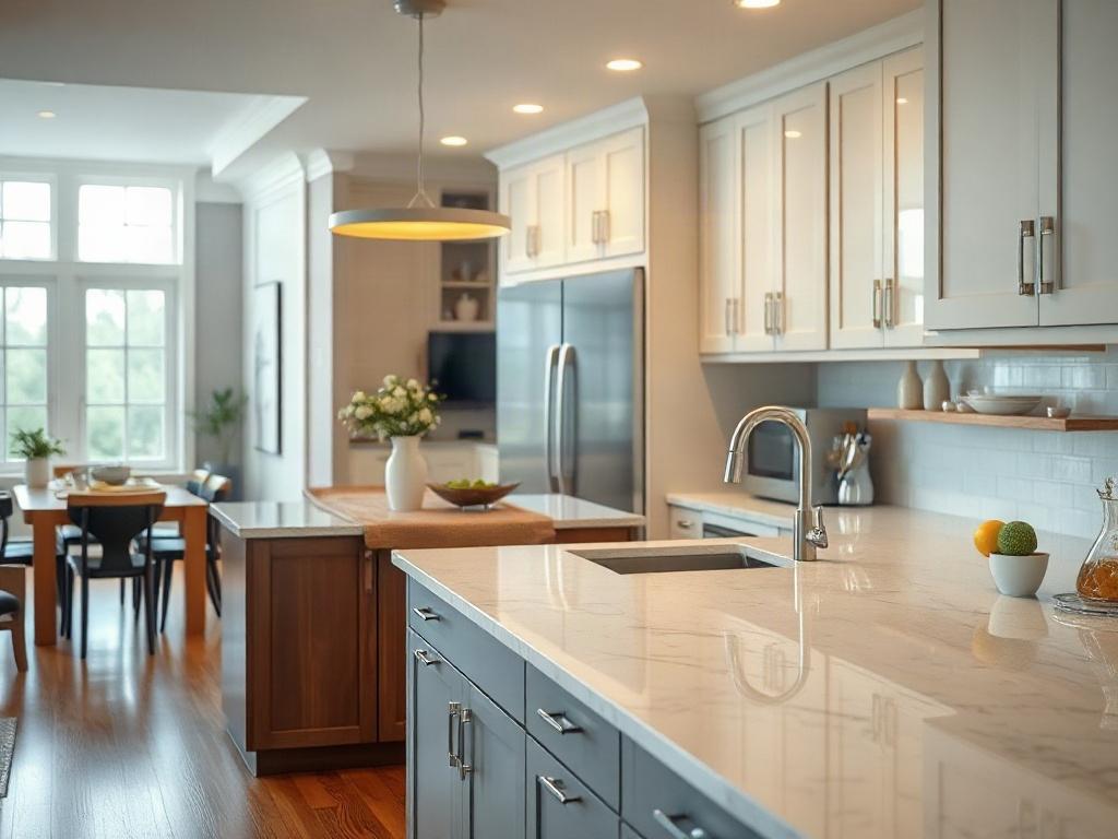 A beautifully remodeled kitchen featuring modern cabinets, a large island, and elegant countertops. The image should focus on the details of the cabinetry and countertop textures, captured in hyper-realistic style with a 45mm f/1.2 lens. Bright lighting enhances the inviting atmosphere of the kitchen, with subtle reflections on the surfaces. The background should be a softly blurred view of a cozy dining area, emphasizing the kitchen's functionality and aesthetic appeal.