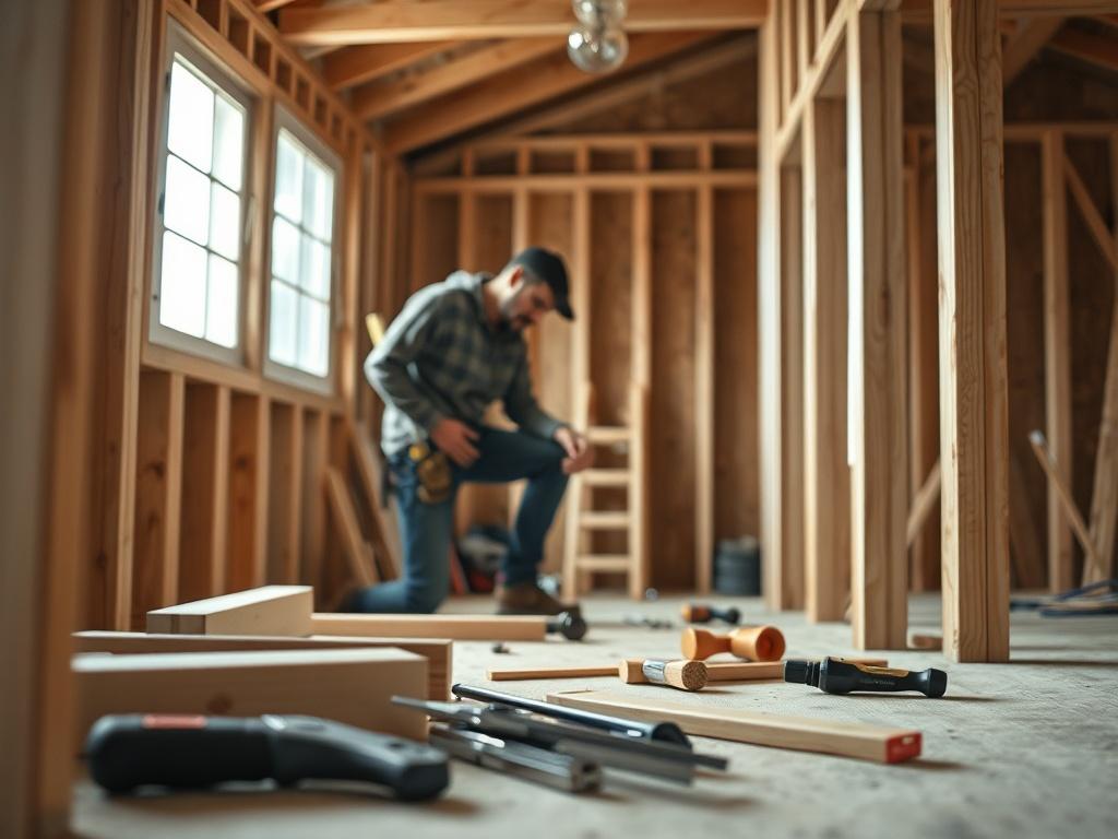 A transformative renovation scene showcasing a skilled carpenter hand building a wooden structure. The carpenter is in the background, focused on their work, while the foreground features partially completed renovations, such as framed walls and tools scattered around. The setting is bright and inviting, capturing the essence of craftsmanship and home improvement. The overall atmosphere conveys dedication and skill, emphasizing the artistry involved in residential remodeling.