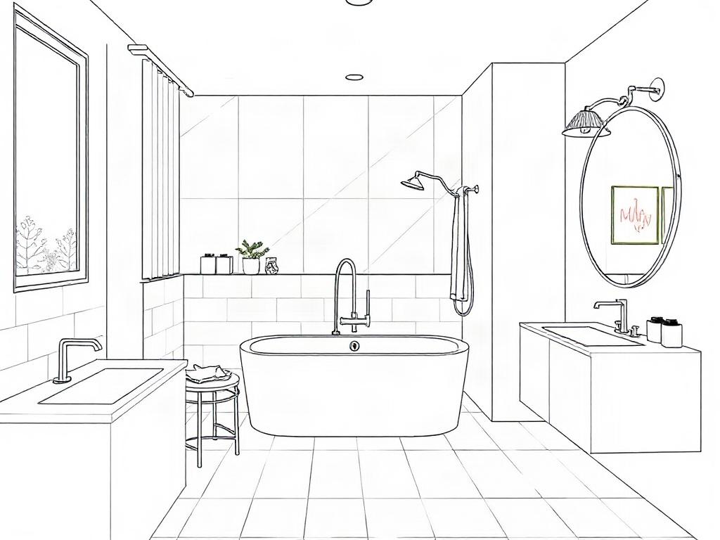 A stylish bathroom featuring modern fixtures, a soaking tub, and elegant tile work. The image should highlight the spacious layout, with natural light streaming in and a serene atmosphere, showcasing a blend of functionality and luxury.