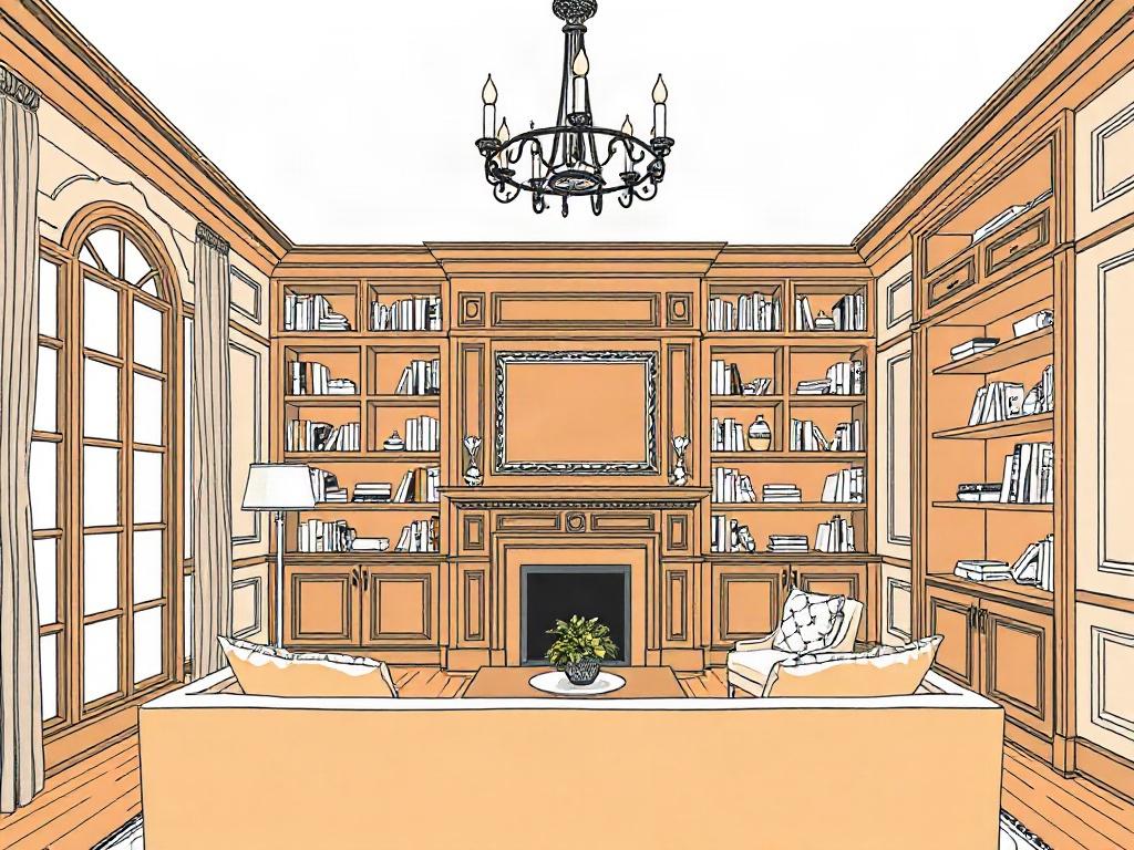 An elegant living room featuring custom woodwork, including intricate moldings and built-in bookshelves. The image should capture the richness of the wood finish and the attention to detail in the carpentry, with a cozy seating area in the foreground.