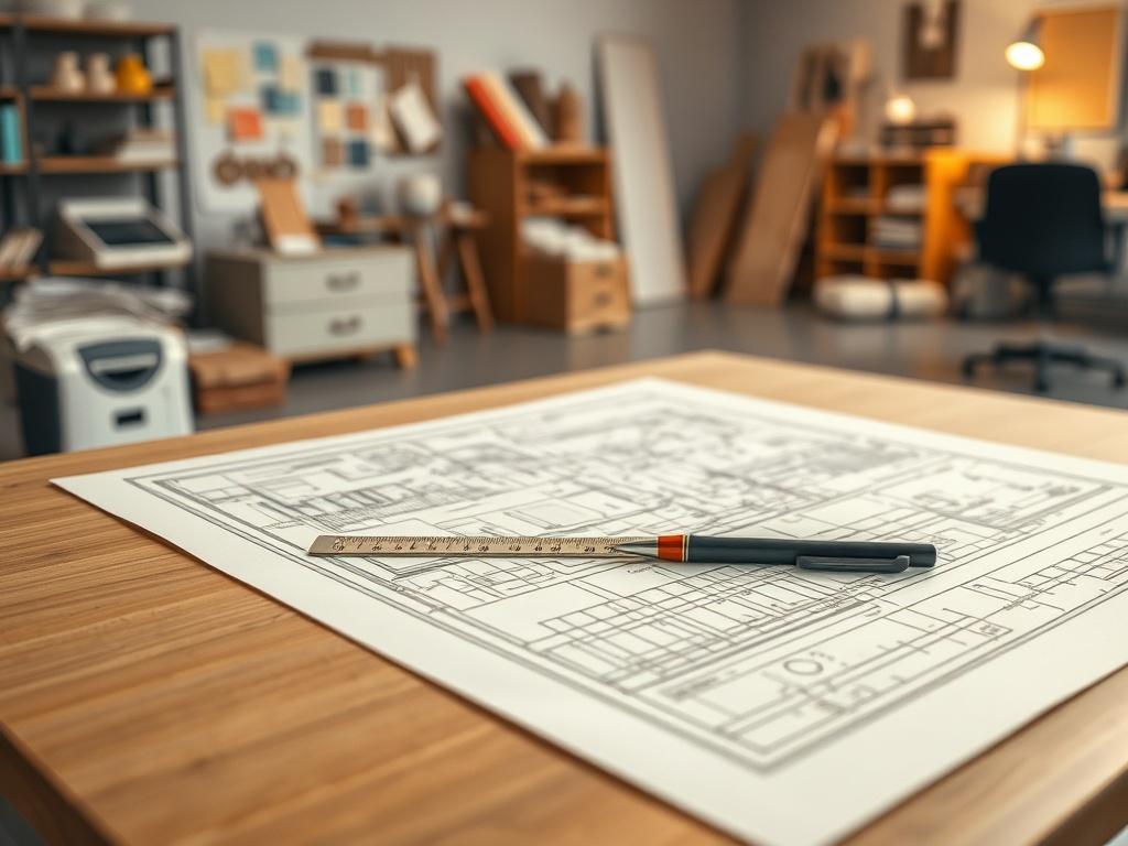 **AI Image Generation Prompt:**

Create a realistic high-resolution photo that reflects the theme "Importance of Design and Planning." The image should feature a highly detailed drafting table as the subject, prominently displaying architectural blueprints with intricate designs. The drafting table should be positioned at a slight angle, taking up the center of the frame, allowing for a clear view of the blueprints, pens, and a ruler resting on top.

In the background, create a softly blurred scene of a wel