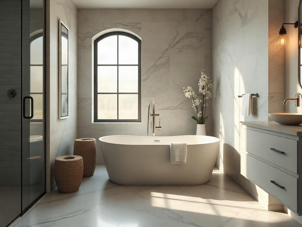 A luxurious bathroom renovation featuring a freestanding soaking tub, elegant tile work, and modern fixtures. The image should focus on the intricate details of the design, with soft ambient lighting creating a tranquil atmosphere. Use a close-up shot with a 45mm f/1.2 lens style to highlight the textures and finishes.