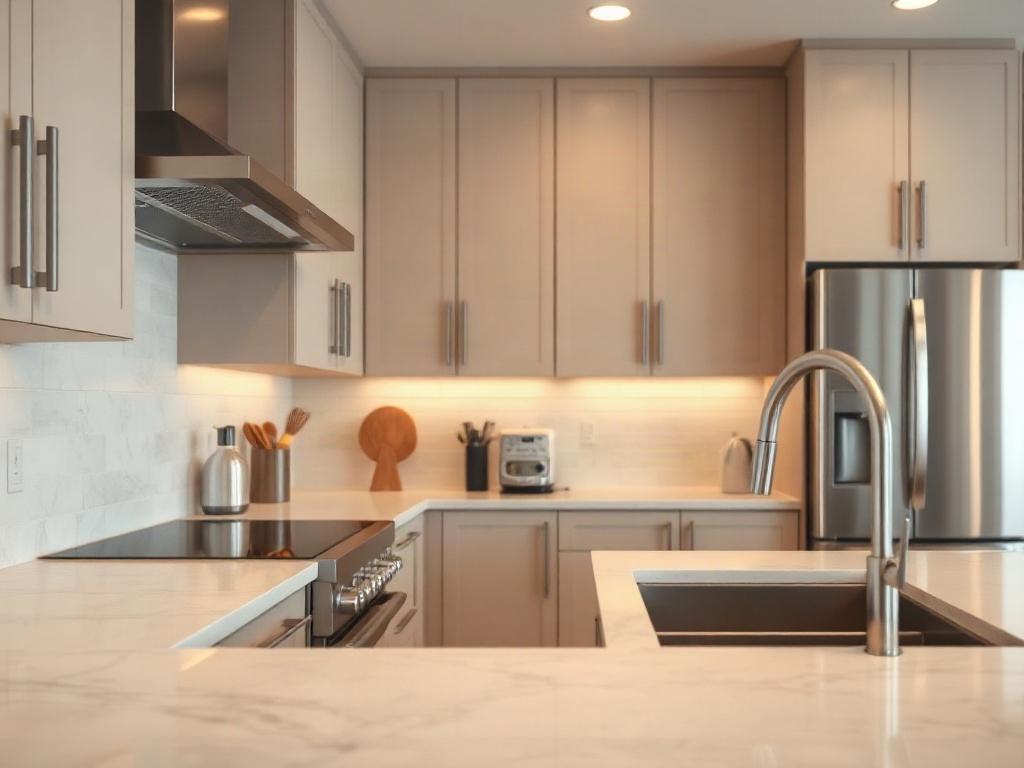A modern kitchen remodel showcasing sleek cabinetry, quartz countertops, and stainless steel appliances. Focus on a close-up of the beautiful finishes and textures, with warm lighting to create an inviting atmosphere. The background should be blurred to emphasize the kitchen features, shot with a 45mm f/1.2 lens style.