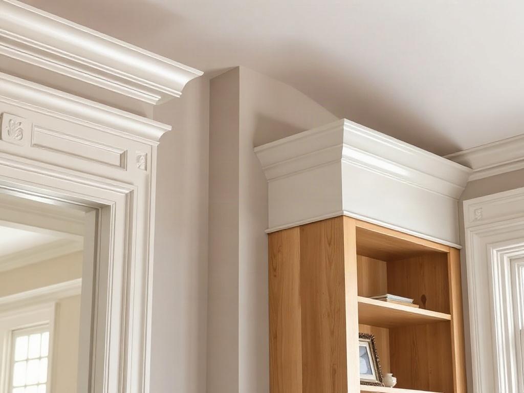 A close-up of custom finish carpentry work showcasing detailed crown molding, baseboards, and a built-in bookshelf. The image should highlight the craftsmanship and finishing touches, with a soft focus on the surrounding environment to emphasize the carpentry details, shot with a 45mm f/1.2 lens style.
