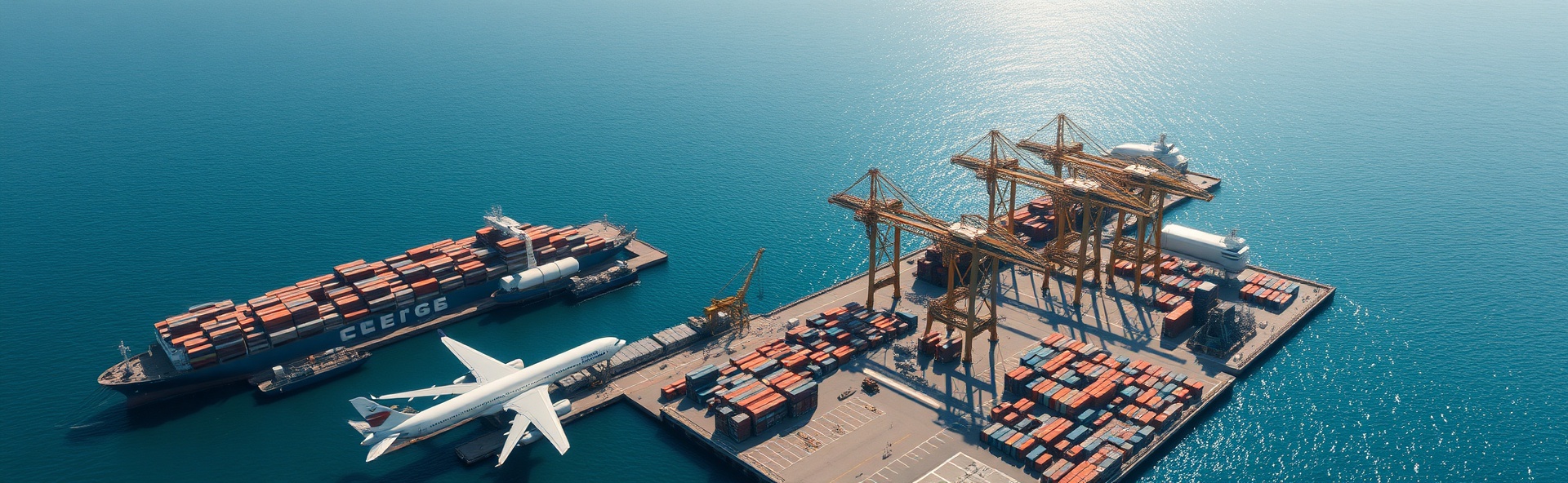 Miami cargo port with massive ships and cargo planes - global freight operations