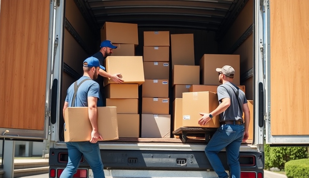 Professional moving crew loading furniture and boxes into truck