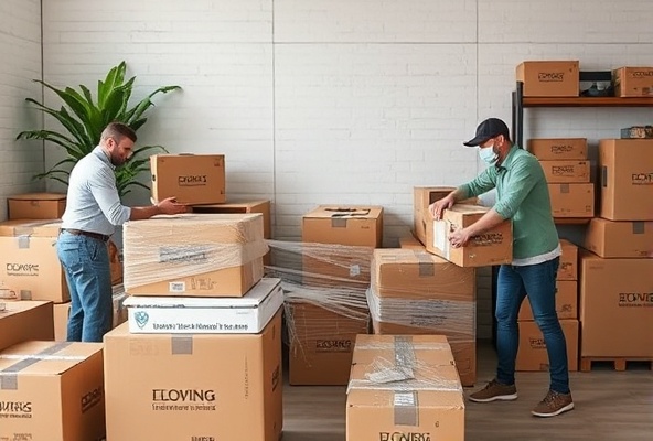 Professional moving team packing boxes and wrapping furniture
