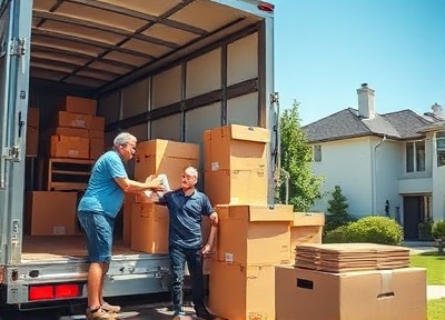 Moving team loading boxes and furniture into moving truck