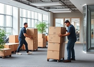 Professional movers handling office equipment and furniture in modern office