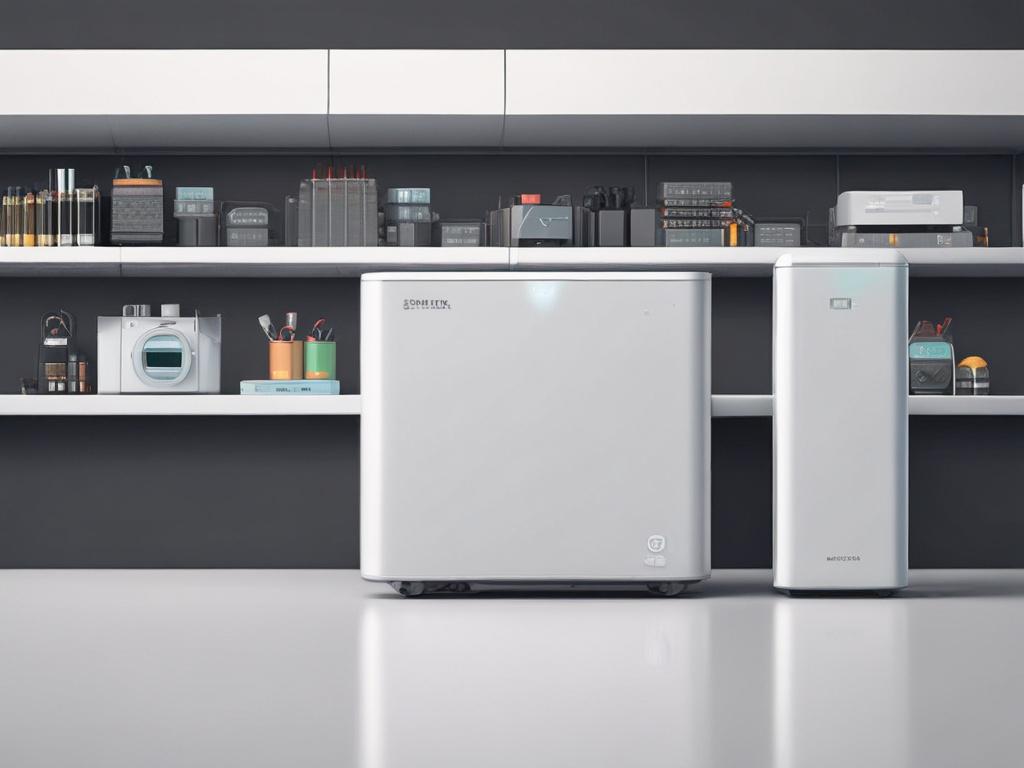 A hyper-realistic close-up of a modern home battery storage unit, showcasing the Giv Energy All In One and Huawei designs. The background is minimalistic and clean, focusing solely on the battery unit, with a soft, natural light highlighting its features. The image is captured with a 45mm f/1.2 lens style, emphasizing the sleek and innovative design of the battery storage system.