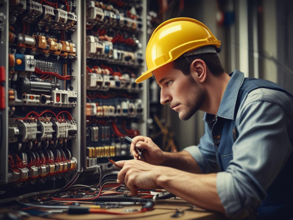 A skilled electrician performing a detailed electrical installation, close up