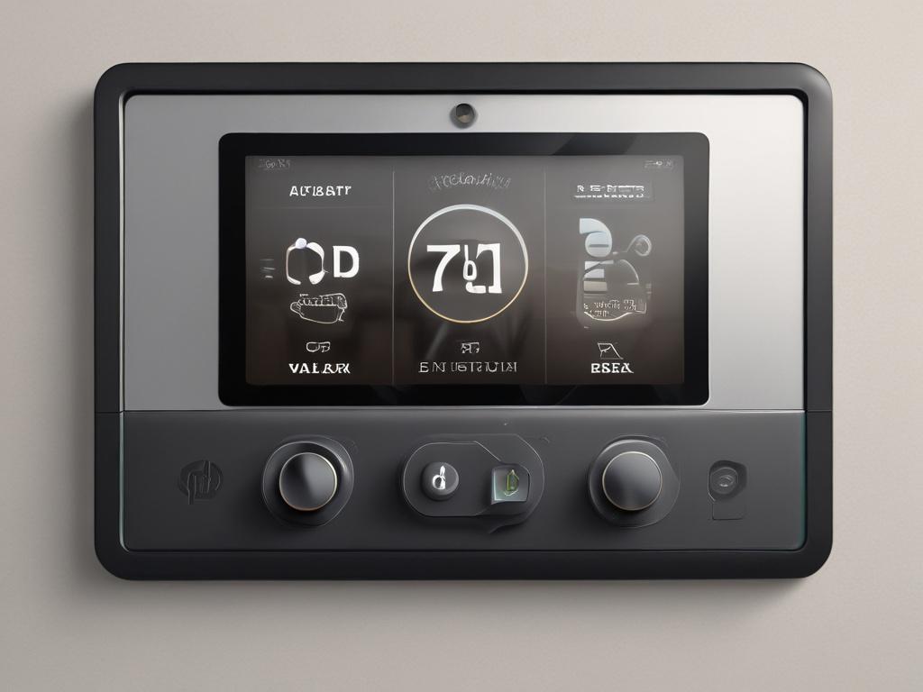 A hyper-realistic close-up shot of a modern smart home control panel featuring various smart home device icons like Apple Home, Google Home, and Alexa. The control panel is displayed prominently against a sleek, minimalist background, showcasing a well-lit, contemporary living room with smart LED and RGB lighting effects. The composition is simple and clear, emphasizing the technology and comfort of home automation.