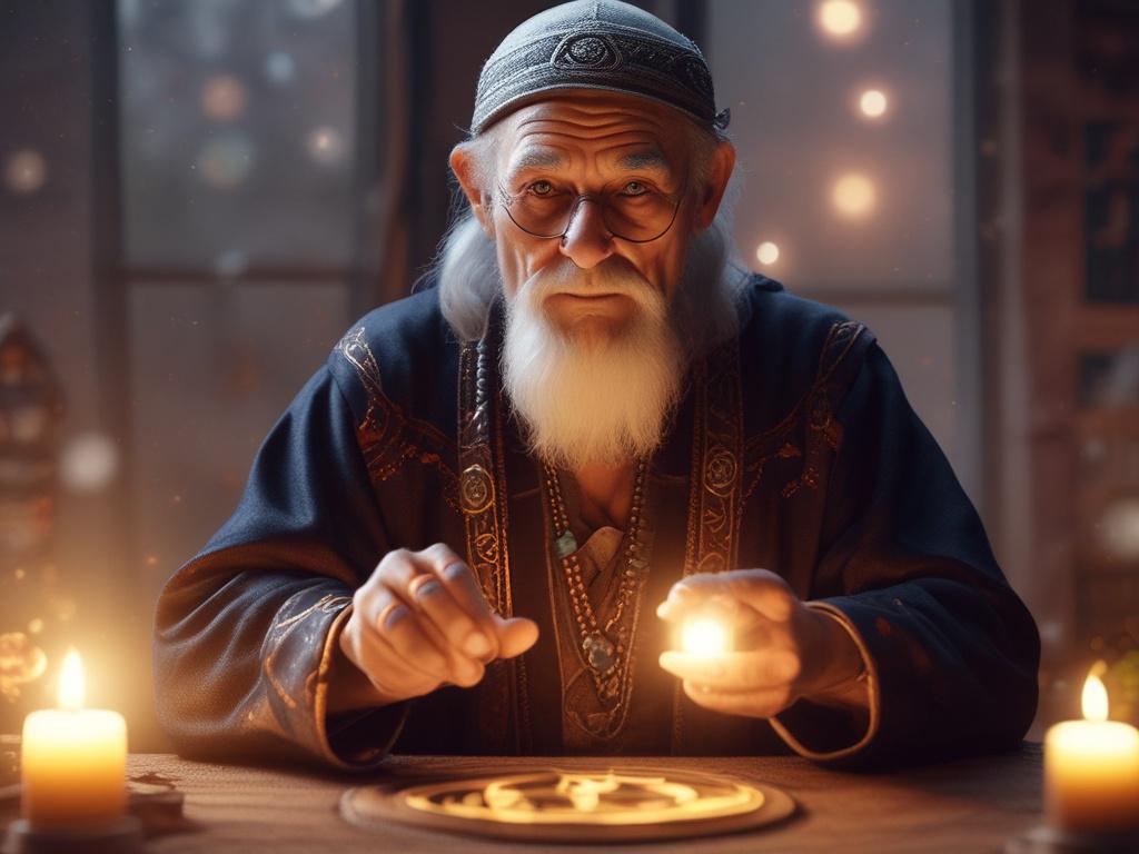 A close-up shot of a wise, elderly psychic spell caster with a warm and inviting expression. The background features mystical symbols subtly blurred, creating an enchanting atmosphere. The subject is illuminated softly, highlighting intricate details of their face and attire. The colors are vibrant, with a focus on the rgb(50, 170, 39) primary color, enhancing the magical feel of the image.