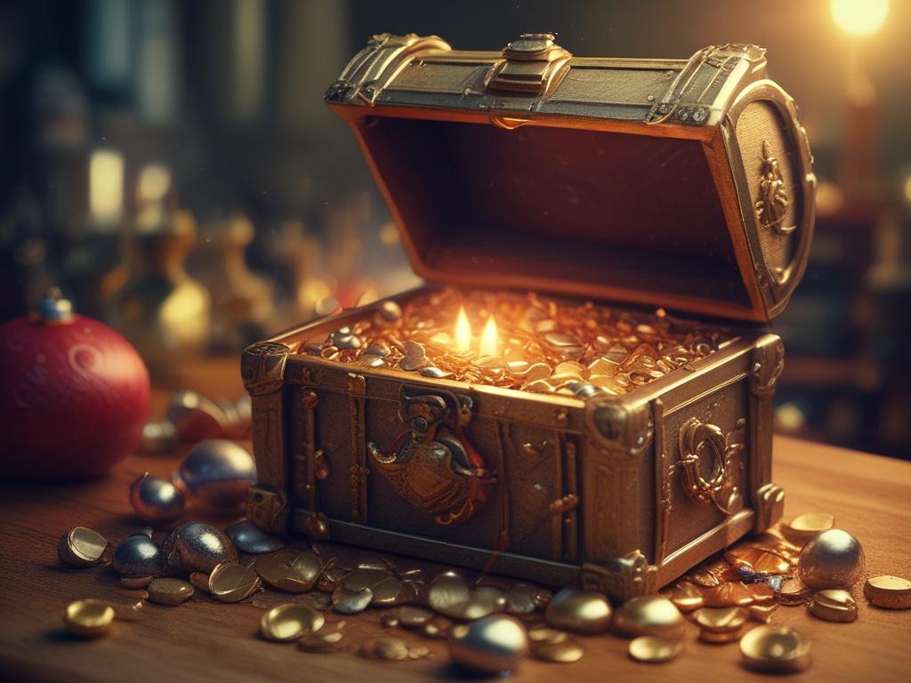 A close-up image of an abundance spell casting scene, depicting a golden light emanating from an overflowing treasure chest surrounded by coins and jewels. The background is softly blurred to highlight the treasure chest's vibrant glow. Shot with a 45mm f/1.2 lens for hyper-realistic detail.
