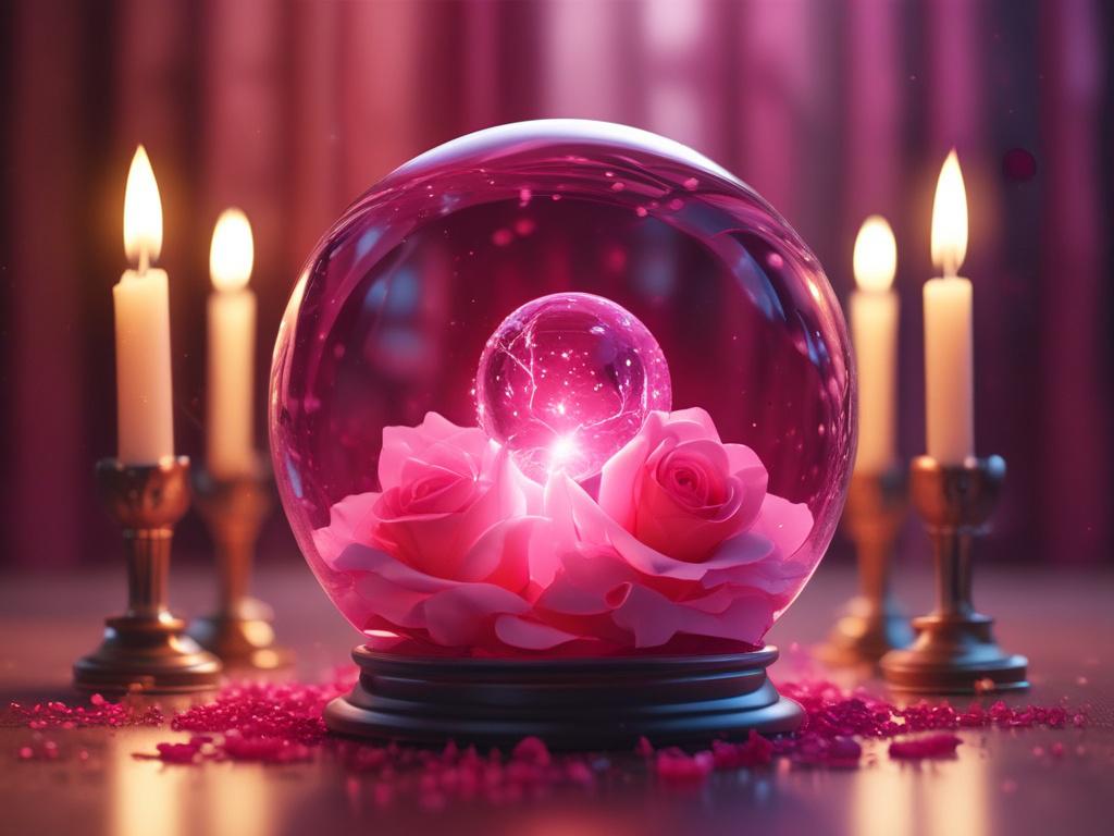A close-up of a mystical love spell casting scene featuring a crystal ball with swirling pink and red light, surrounded by candles and rose petals. The background should be softly blurred, emphasizing the crystal ball and its enchanting glow. Shot in hyper-realistic detail with a 45mm f/1.2 lens to capture the magical essence.