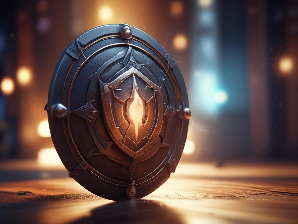 A high-resolution image of a protective spell casting setup, featuring a shield made of shimmering light surrounded by dark shadows. The focus should be on the glowing shield, while the background fades into darker tones, emphasizing the contrast. Captured in hyper-realistic detail with a 45mm f/1.2 lens.