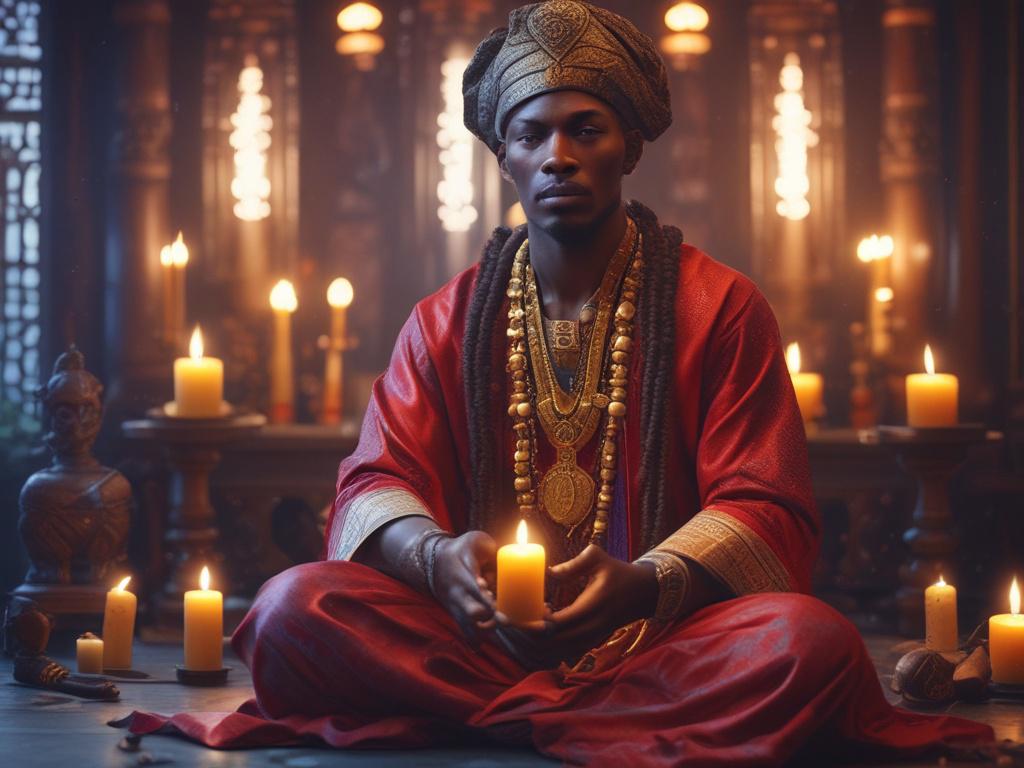 A close-up shot of a wise and serene psychic spell caster, Doctor Olu, sitting in a beautifully decorated temple environment. The background features mystical artifacts, candles, and natural elements that convey a sense of peace and magic. Doctor Olu has an expressive face, showcasing deep wisdom and compassion, with warm lighting that highlights the features. The color scheme includes shades of green, reflecting the primary color of rgb(50, 170, 39). The composition is simple, focusing solely on the subjec