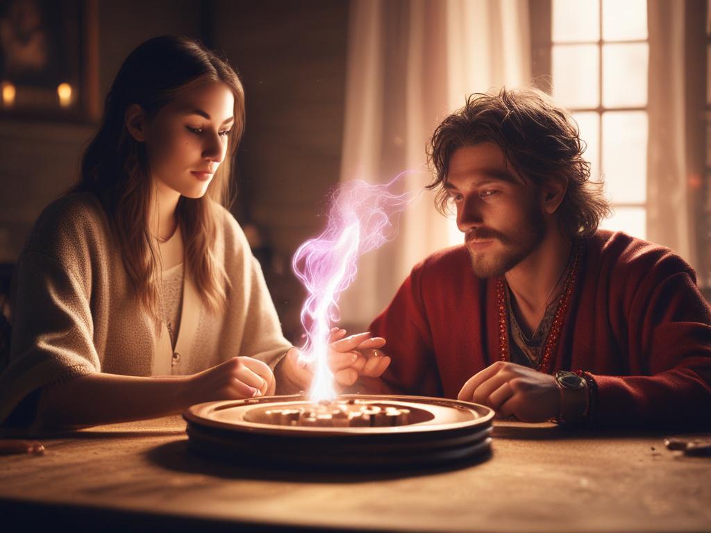 A close-up shot of a mystical, glowing love spell being cast by a skilled psychic spell caster. The scene should capture the caster's focused expression as they channel energy, surrounded by enchanting symbols and candles. The background should be softly blurred to emphasize the caster's hands, which are elegantly gesturing over a beautifully arranged altar filled with roses and crystals. The lighting should create a warm, inviting atmosphere, enhancing the magical feel of the moment.