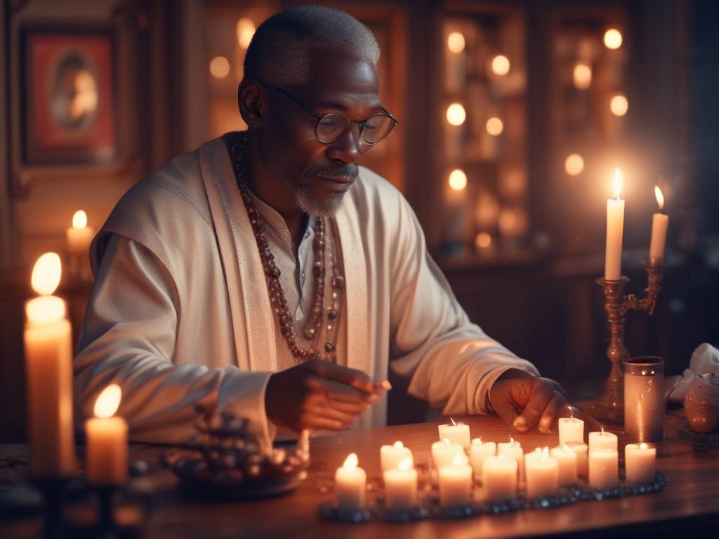 A close-up shot of a skilled psychic spell caster, Doctor Olu, in a serene and mystical setting. The background features softly glowing candles and enchanting crystals, creating a warm and inviting atmosphere. Doctor Olu is focused and confident, with an engaging expression, as he prepares to cast a love spell. The image should be hyper-realistic, emphasizing the details in his expressions and the shimmering crystals, shot with a 45mm f/1.2 lens style, compatible with the rgb(50, 170, 39) primary color.