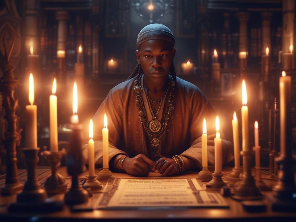 A close-up shot of a mystical protection spell in progress, featuring a skilled psychic spell caster, Doctor Olu, surrounded by glowing candles and ancient symbols. The atmosphere is ethereal with soft, shimmering lights and a sense of serenity. The background is subtly blurred to emphasize the focus on Doctor Olu's intense concentration and the energy emanating from the spell. The primary color scheme incorporates rich greens to convey a sense of safety and harmony.