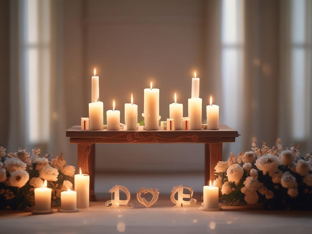 A serene setting featuring a beautifully crafted altar with candles,