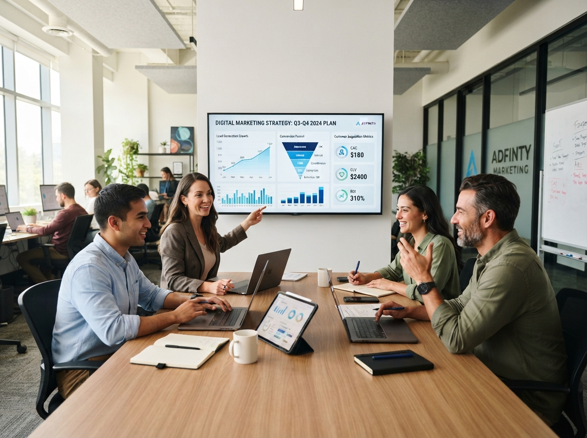 Digital marketing agency strategy with lead generation and customer acquisition metrics