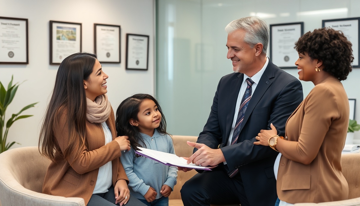 Professional insurance agent advising a diverse family in modern office