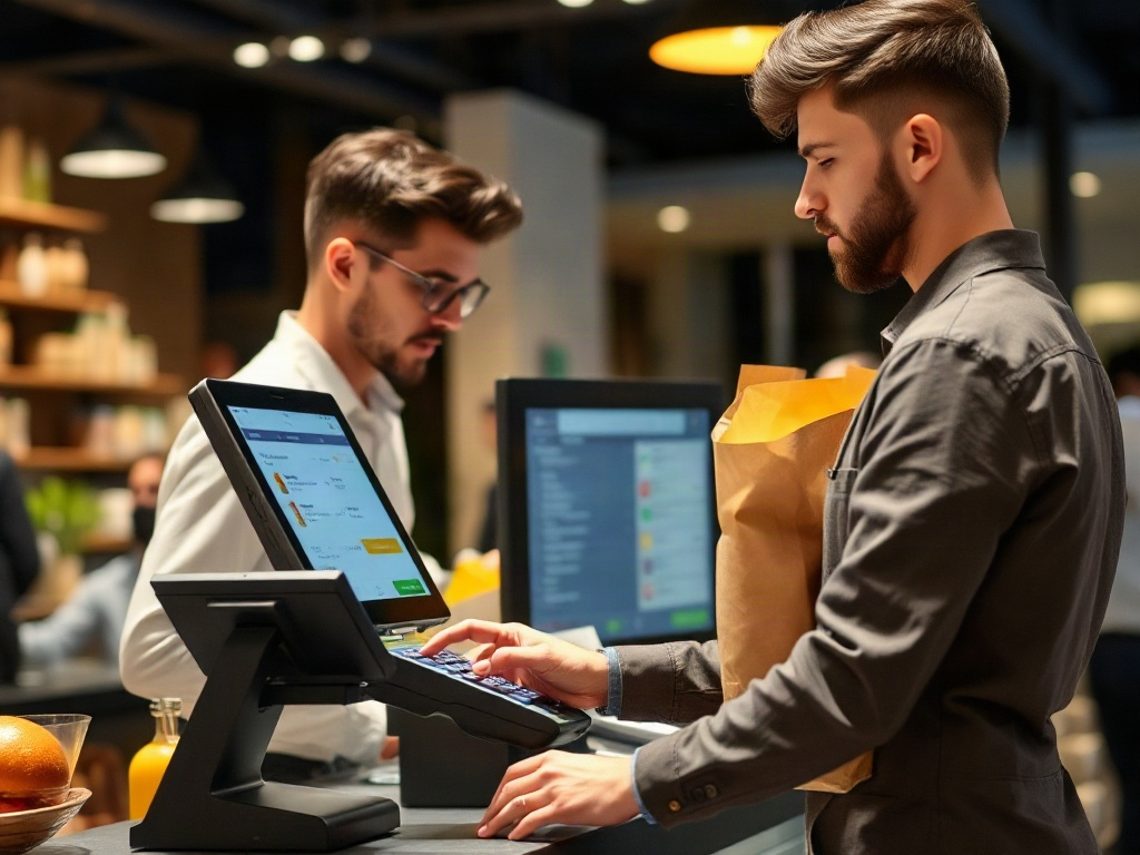 Business owner using POS system with payment terminal managing sales transactions