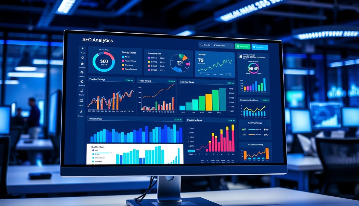Professional SEO analytics dashboard with charts and growth metrics