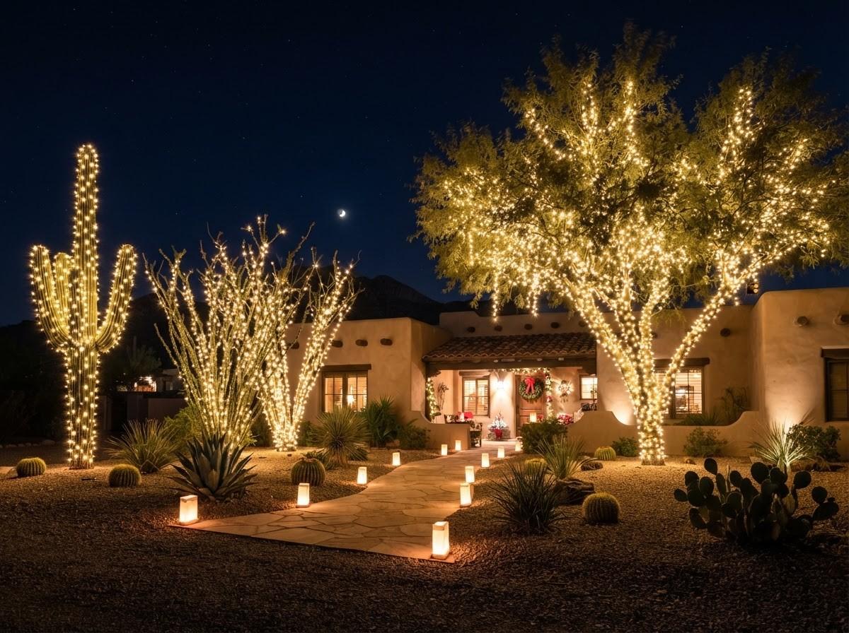 Elegant home at twilight decorated with classic warm white Christmas lights