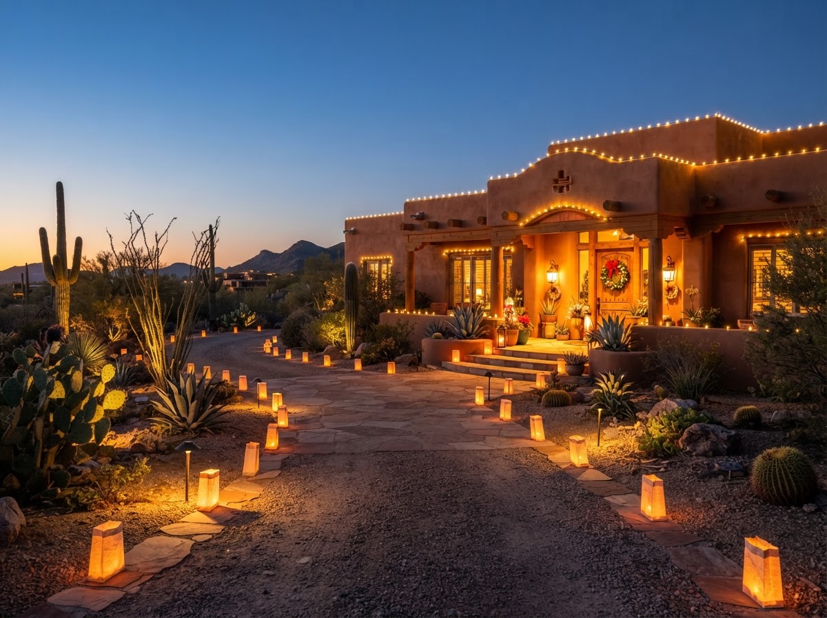 Southwest driveway lined with luminarias and pathway lights