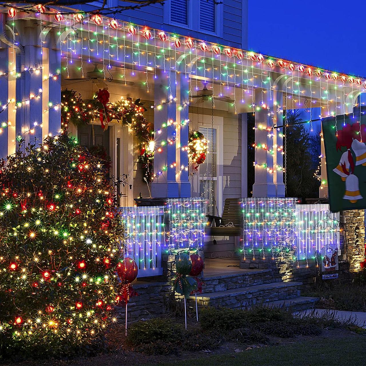 Southwest patio with warm white string lights and Spanish colonial architecture