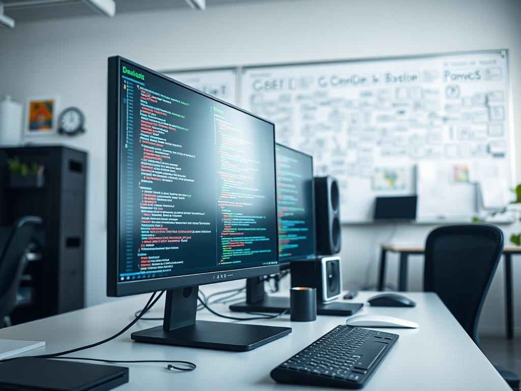 A close-up shot of a modern office workspace featuring a sleek computer setup with coding on the screen. The background includes a whiteboard filled with design and development notes. The scene is bright and inviting, showcasing a professional yet creative environment. The image should reflect a high level of detail, captured with a 45mm f/1.2 lens style.