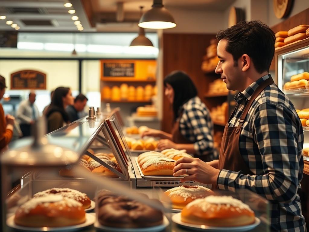 A hyper-realistic close-up shot of a busy bakery with people ordering at a counter, showcasing delicious pastries and a vibrant atmosphere. The image should capture the hustle and bustle of the bakery, with warm lighting and a clear focus on the baked goods.