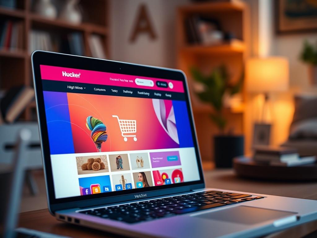 A hyper-realistic close-up shot of a laptop displaying a vibrant e-commerce website, with a shopping cart icon visible. The background should be a cozy home office environment, emphasizing the online shopping experience.