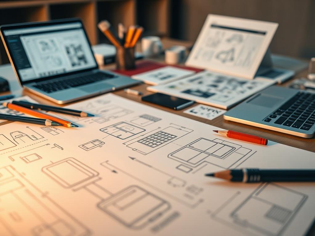 A hyper-realistic close-up shot of a creative workspace featuring sketches and prototypes of product designs spread across a table. Tools like pencils and laptops are visible, highlighting the design process. The background is softly focused, with a warm lighting effect that creates an inviting atmosphere, showcasing a blend of creativity and technology.