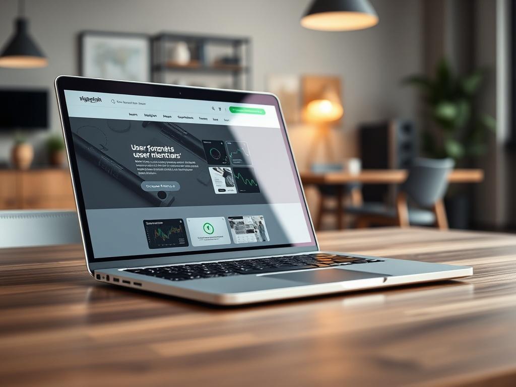 A hyper-realistic close-up shot of a sleek, modern web application interface on a laptop screen, showcasing user-friendly design elements. The laptop is placed on a stylish wooden desk, with a blurred background of a contemporary office space, emphasizing a professional atmosphere. The color palette is harmonious, featuring shades of grey and green, to reflect a tech-savvy environment.