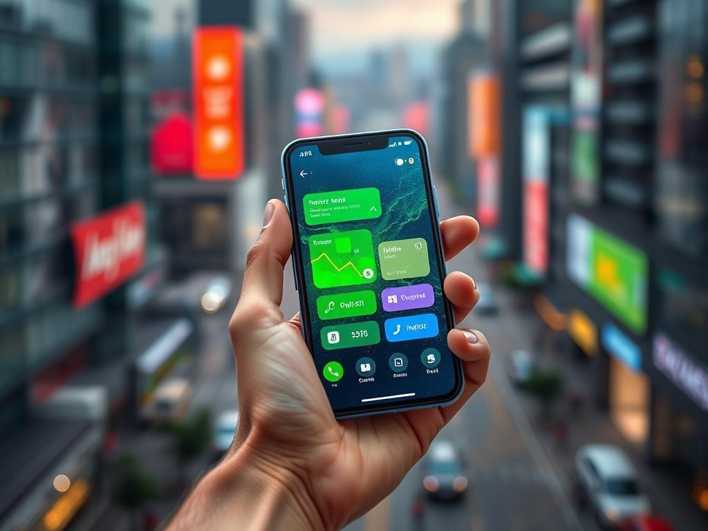 A hyper-realistic close-up shot of a smartphone displaying an innovative mobile application interface. The phone is held in a hand against a vibrant city backdrop, hinting at the urban lifestyle. The background is slightly blurred to focus on the app screen, which showcases bright and interactive design elements. The overall color scheme reflects a modern tech vibe with greens and blues.