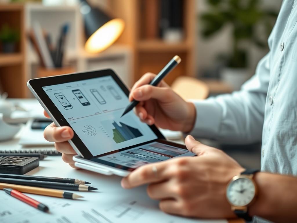 A hyper-realistic close-up shot of a mobile app designer sketching ideas on a tablet. The setting is a bright workspace with design tools scattered around. The image captures the creative process, with sketches and app designs visible on the tablet screen. The background is softly blurred to keep the focus on the designer and the tablet. The primary color of the image features elements of rgb(50, 170, 39).
