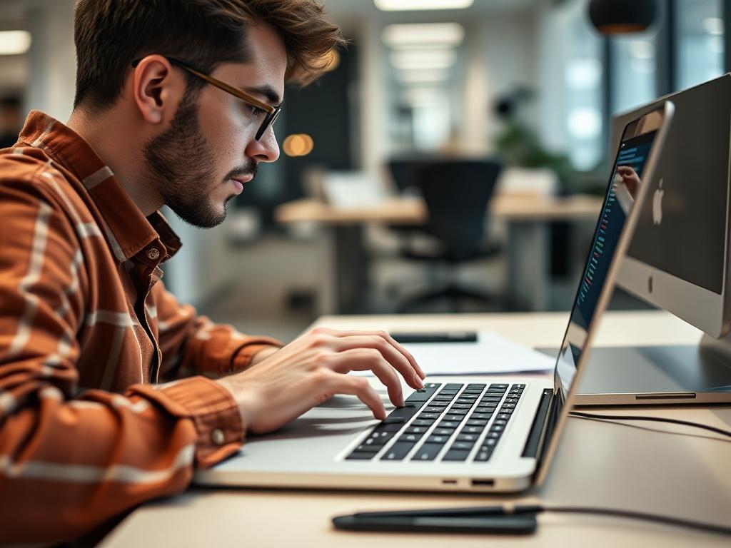 A hyper-realistic close-up shot of a developer working on a laptop, coding a web application. The setting is a modern office with a clean desk, focused on the screen. The image captures the intensity of the developer's concentration, with lines of code visible on the laptop screen. The background is softly blurred to emphasize the subject, and the primary color of the image has hints of rgb(50, 170, 39).