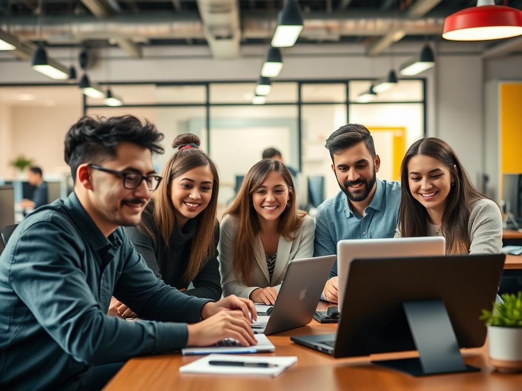 A professional portrait of a diverse team of software developers in a modern office setting. The focus is on collaboration, with individuals working together on laptops and digital devices, showcasing a vibrant, tech-savvy environment. The background features sleek workstations and bright, inviting decor. The lighting is bright, emphasizing the team's engagement and expertise.